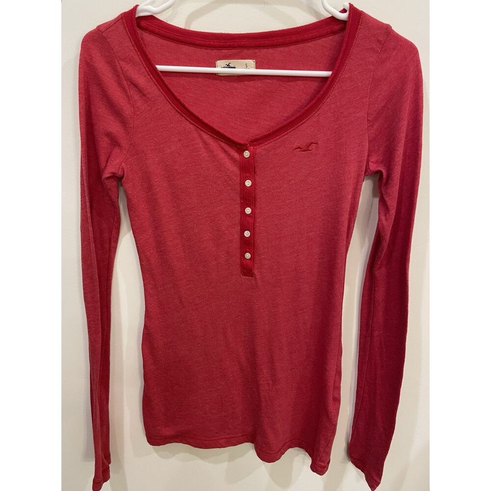 VTG Y2K Hollister Henley Top, Small Red Long-Sleeve Bella Swan 2000's Two Tone